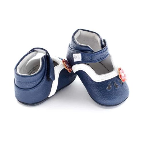 A rear view of Jack and Lily's Charlotte children's barefoot shoe in blue