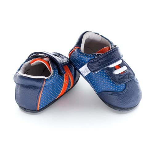 A rear view of Jack and Lily's Denny children's barefoot shoe in blue