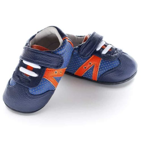 A front view of Jack and Lily's Denny children's barefoot shoe in blue