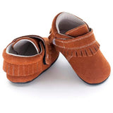 A rear view of Jack and Lily's My Moc Fringe children's barefoot moccasin