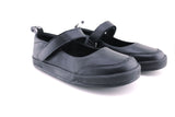 The front of a black pair of PaperKrane's Atlas children's barefoot shoe
